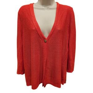 J jill large coral color long one button cardigan office sweater linen blend EUC